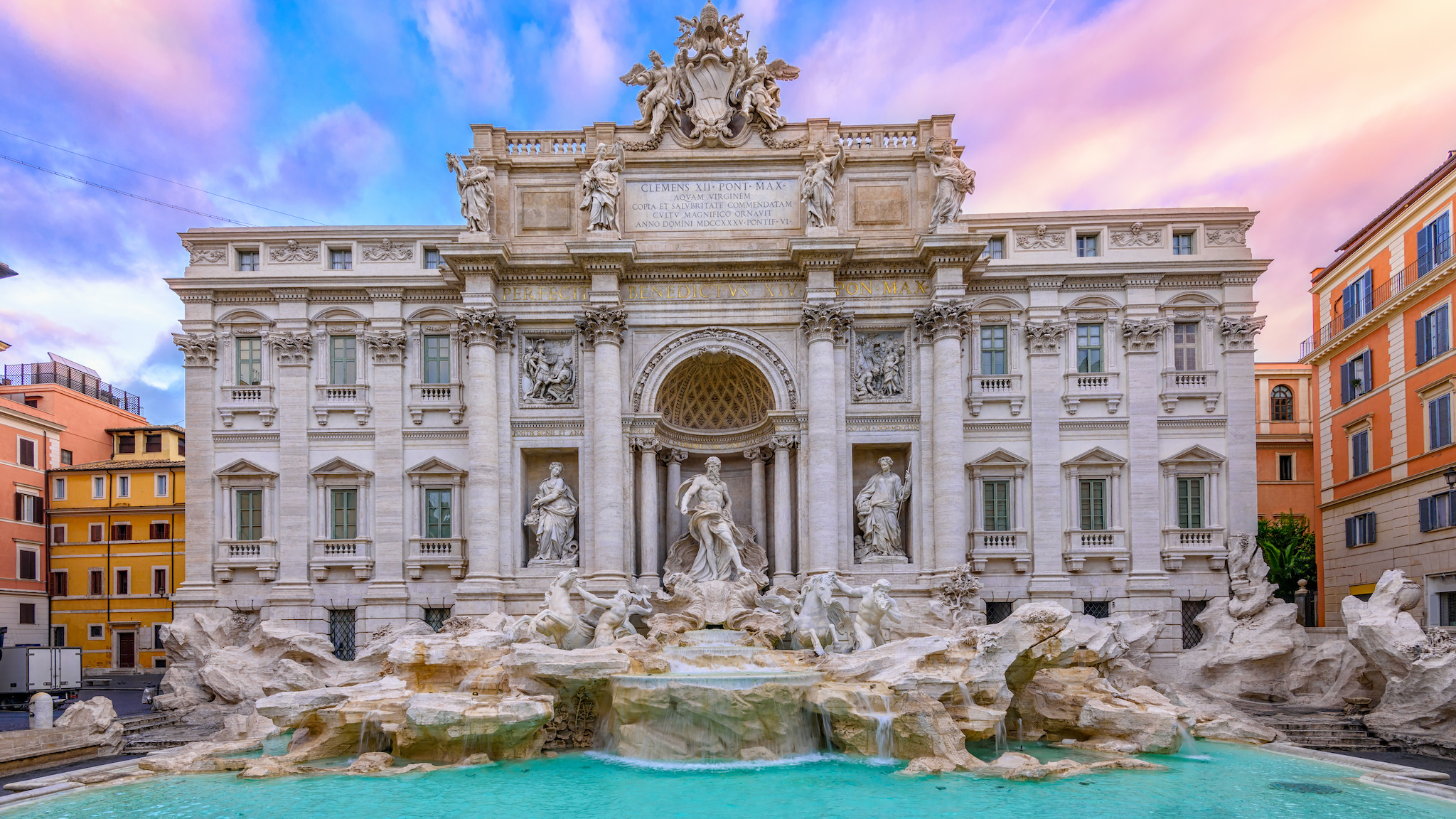 View of Rome Trevi Fountain (Fontana di Trevi) in Rome, Italy. Trevi is most famous fountain of Rome. Architecture and landmark of Rome.