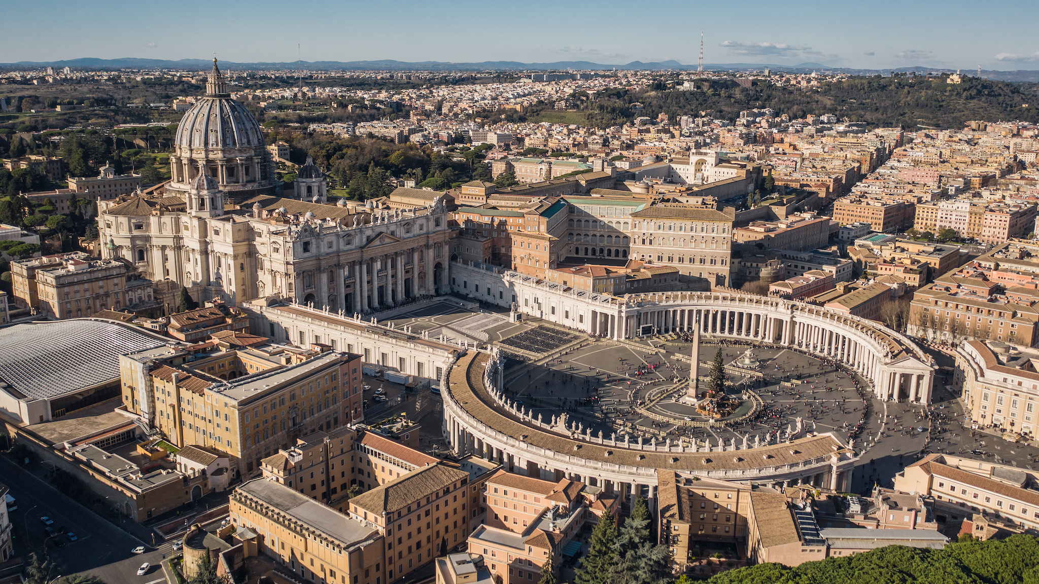 Aerial view of St. Peter's Basilica and St. Peter's Square with Christmas tree on it